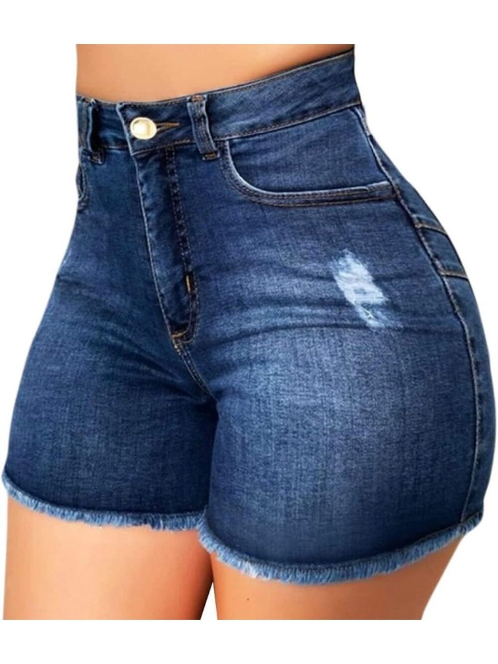 Women's Dark Blue High Waited Skinny Stretchy Casual Frayed RAW Hem Short Summer